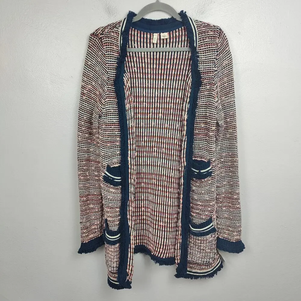Anthropologie Moth Grafton Cardigan Sweater Women Large Red Navy Fringe Metallic